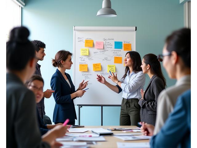 여러 사람이 화이트보드와 포스트잇을 사용하여 아이디어를 자유롭게 공유하고 브레인스토밍하는 모습