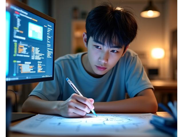 젊은 창업가가 아이디어를 스케치하며 열정적으로 작업하는 모습